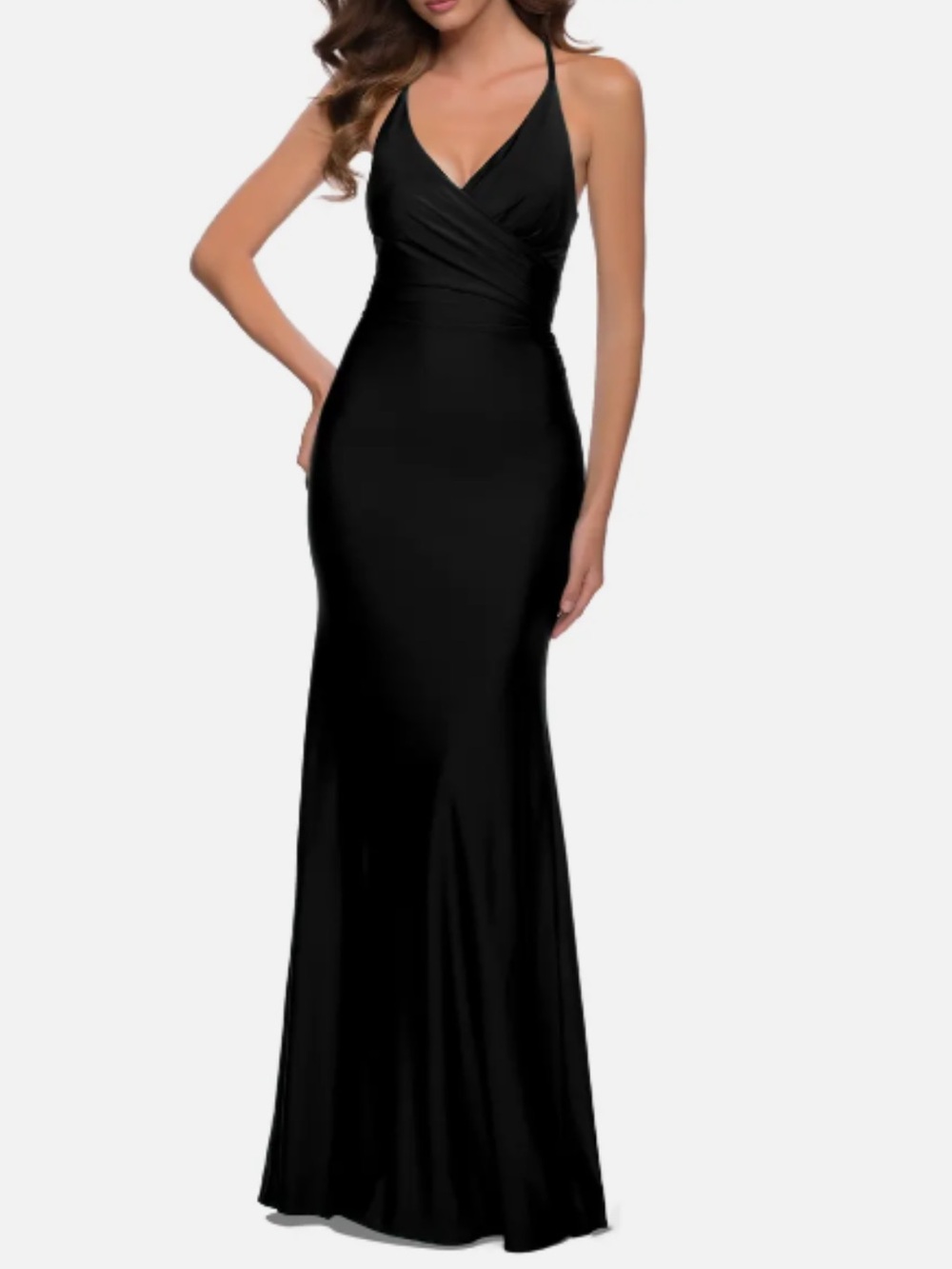 LA FEMME WRAP FRONT STRAPPY BACK JERSEY BLACK GOWN DRESS 4